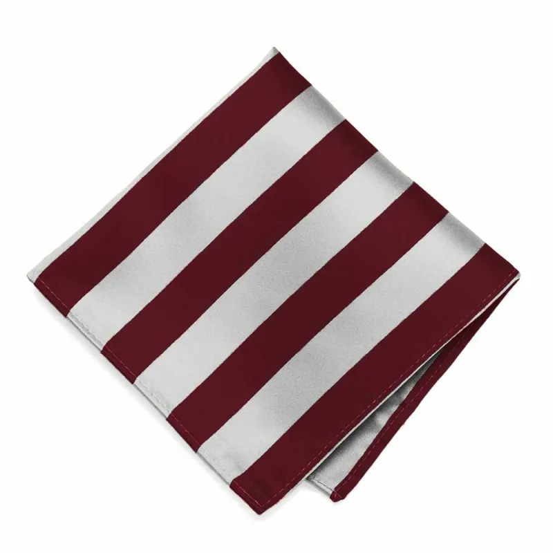 Maroon and Silver Striped Pocket Square sold by TieMart