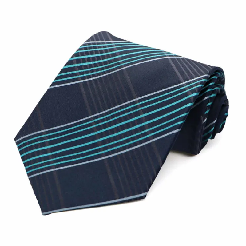 Navy Blue Jeffrey Plaid Extra Long Necktie sold by TieMart