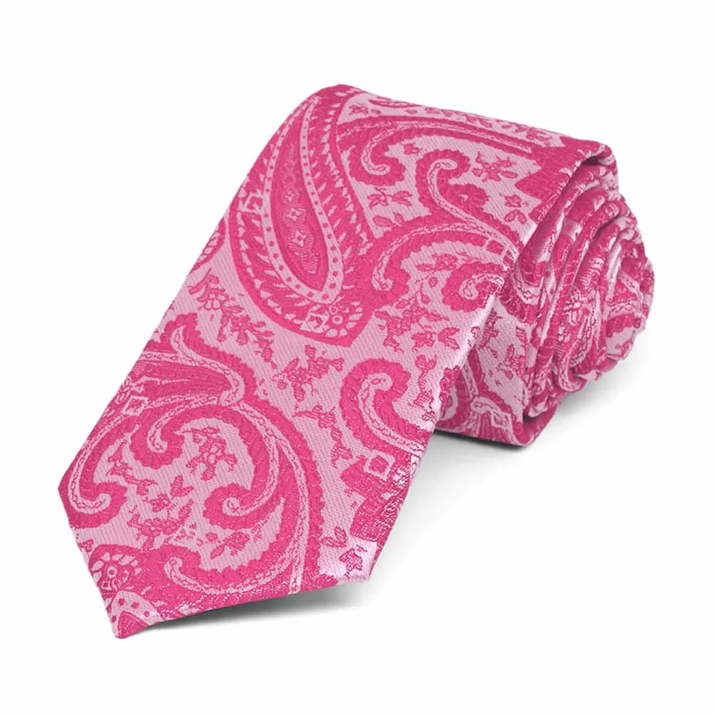 Bright Fuchsia Clara Paisley Slim Necktie, 2.5" Width sold by TieMart