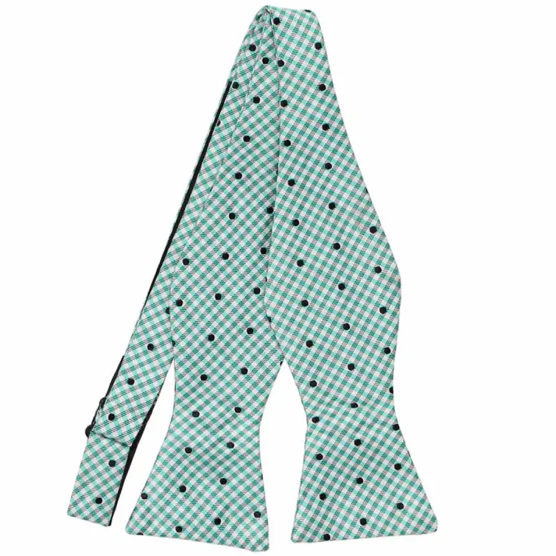 Aquamarine and Black Arvon Gingham Self-Tie Bow Tie sold by TieMart