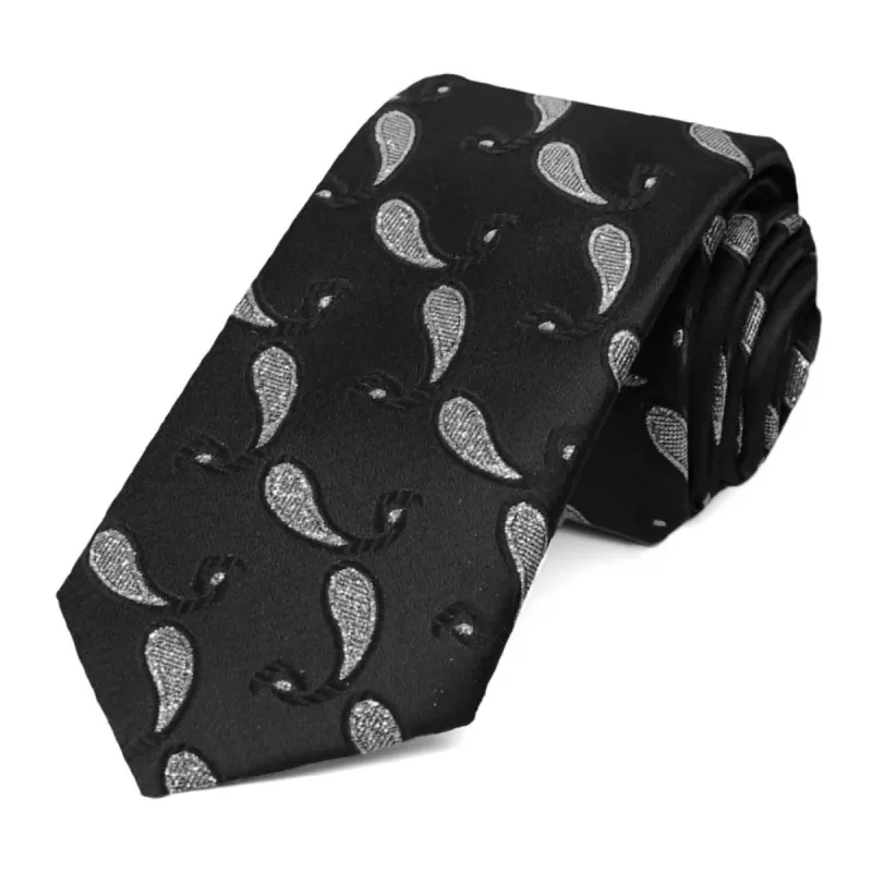 Black and Silver Fairport Paisley Slim Necktie sold by TieMart