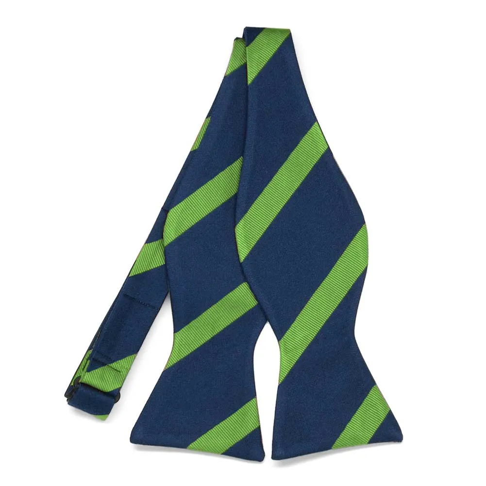 Navy Blue and Grass Green Striped Cotton/Silk Self-Tie Bow Tie sold by TieMart