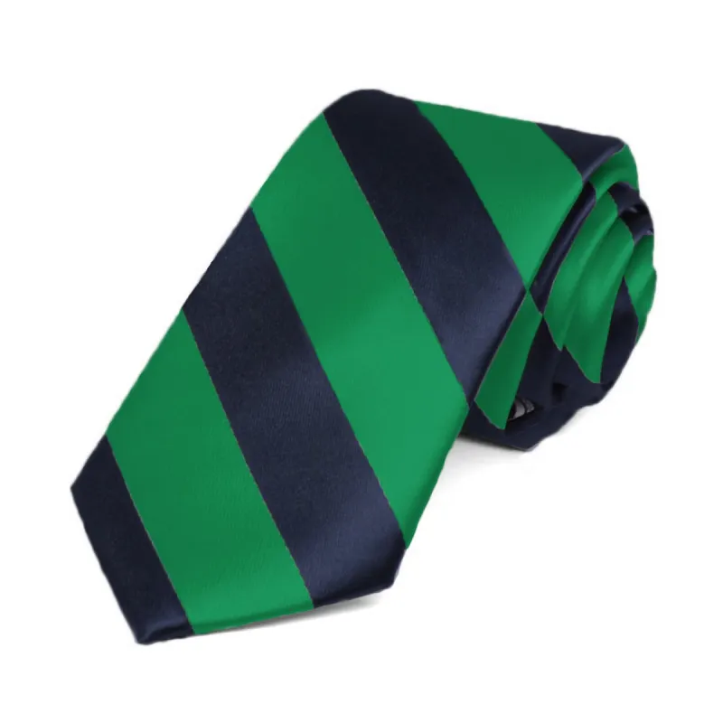 Kelly Green and Navy Blue Striped Slim Tie, 2.5" Width sold by TieMart