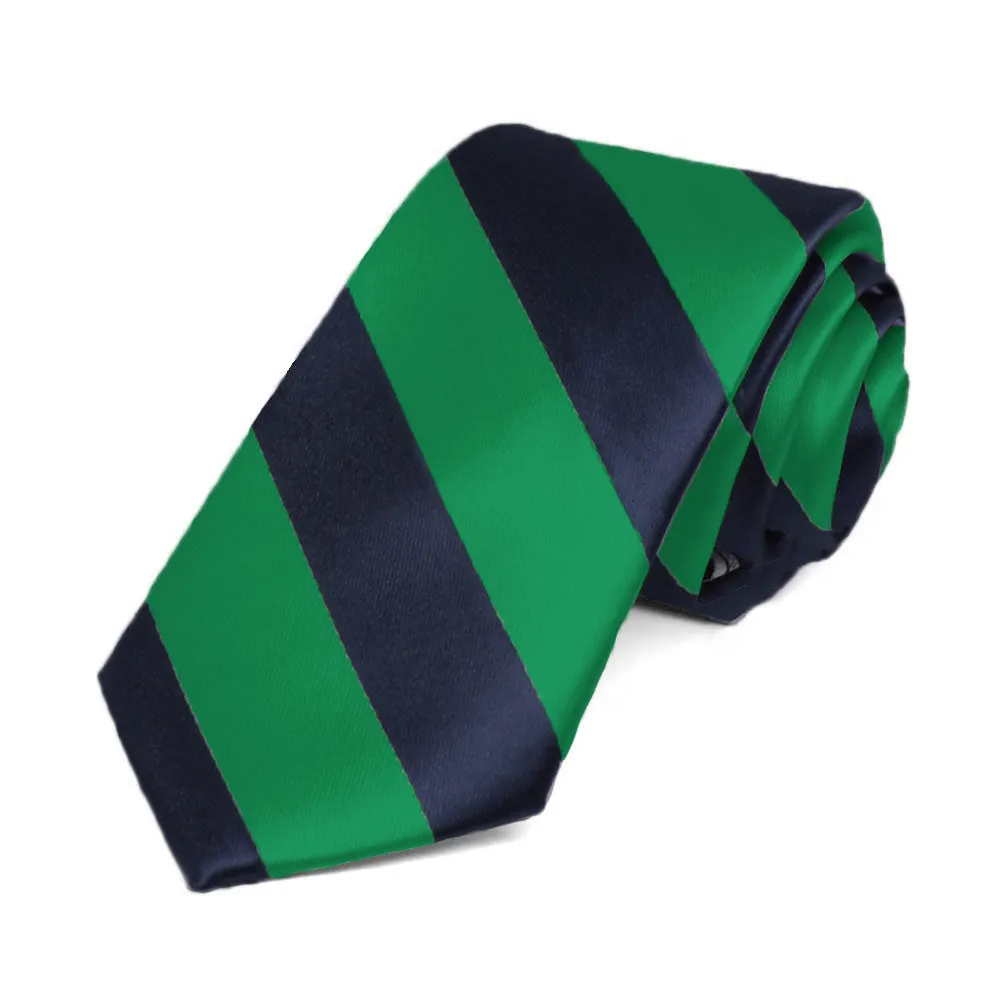 Kelly Green and Navy Blue Striped Slim Tie, 2.5" Width sold by TieMart