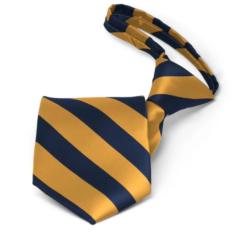 Navy Blue and Gold Bar Striped Zipper Tie sold by TieMart