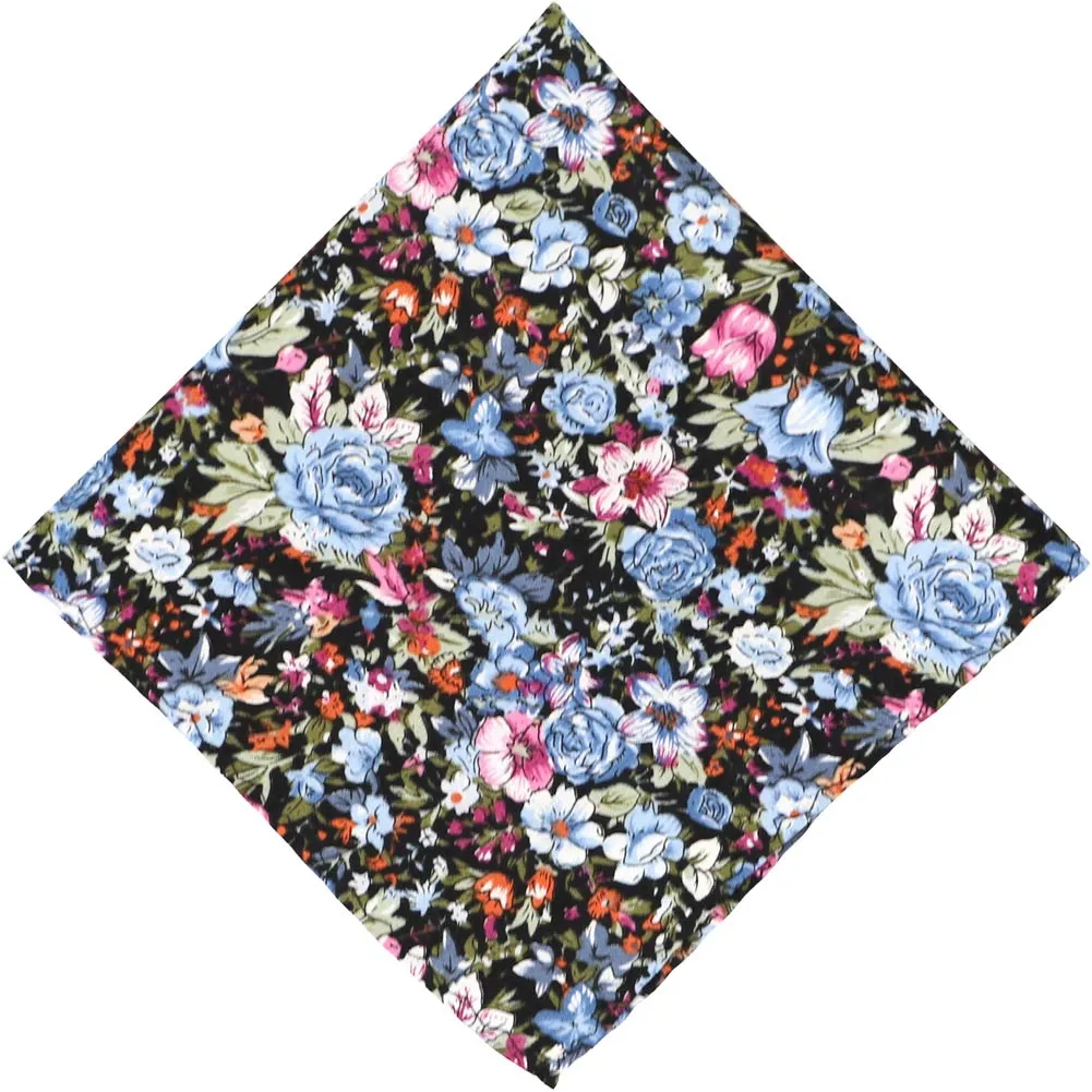 Dusty Blue and Black Maywood Floral Pocket Square sold by TieMart