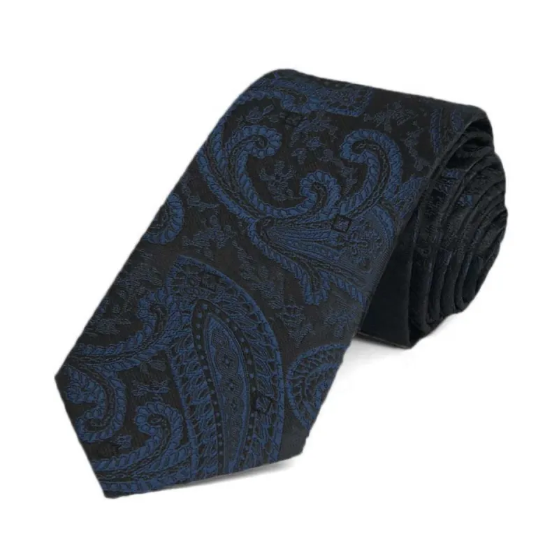 Navy Blue Clara Paisley Slim Necktie, 2.5" Width sold by TieMart