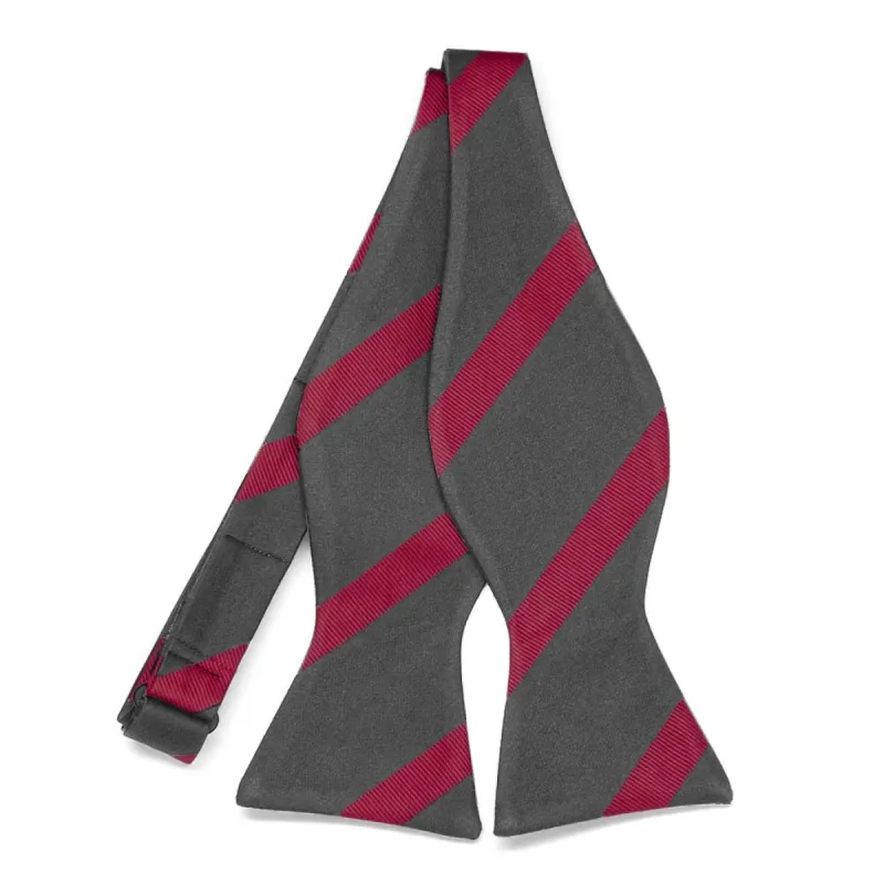 Dark Gray and Red Striped Cotton/Silk Self-Tie Bow Tie sold by TieMart