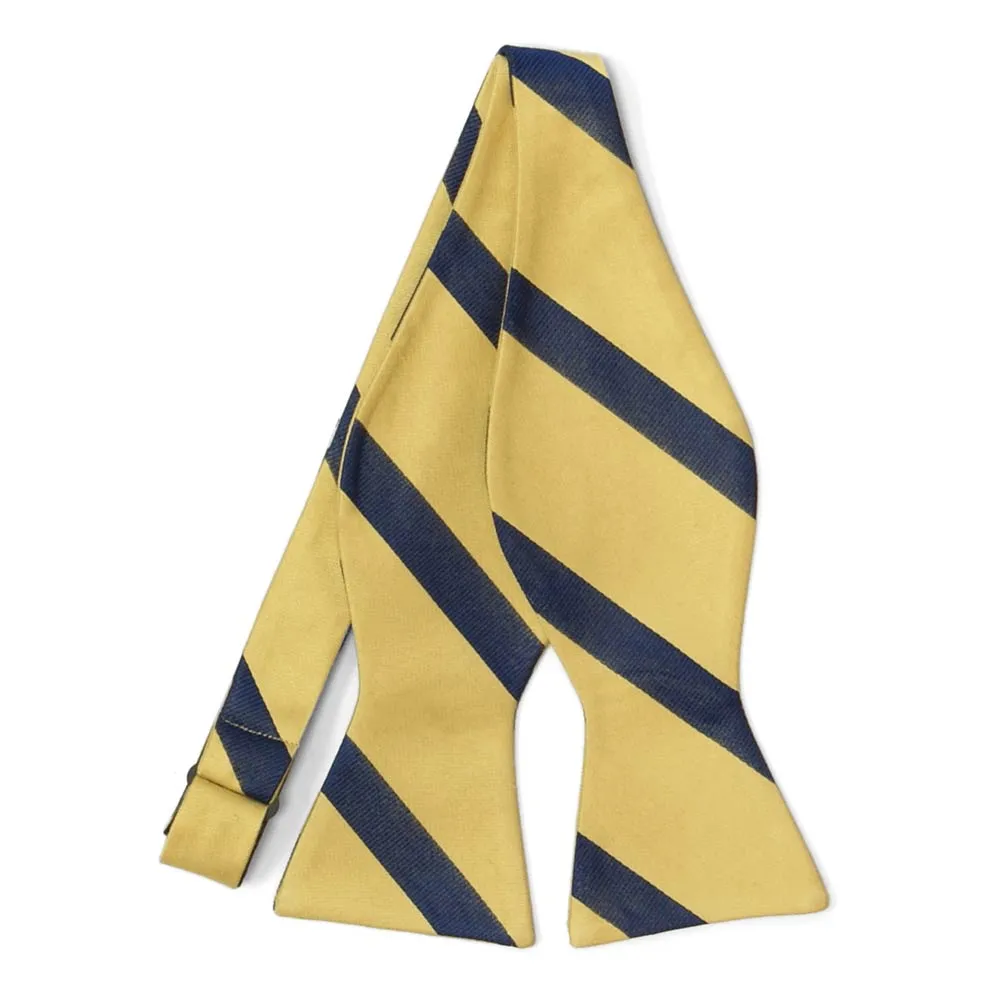 Light Gold and Navy Blue Striped Cotton/Silk Self-Tie Bow Tie sold by TieMart