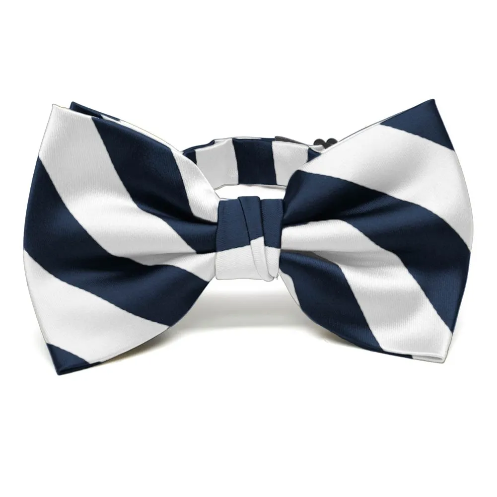 Navy Blue and White Striped Bow Tie sold by TieMart