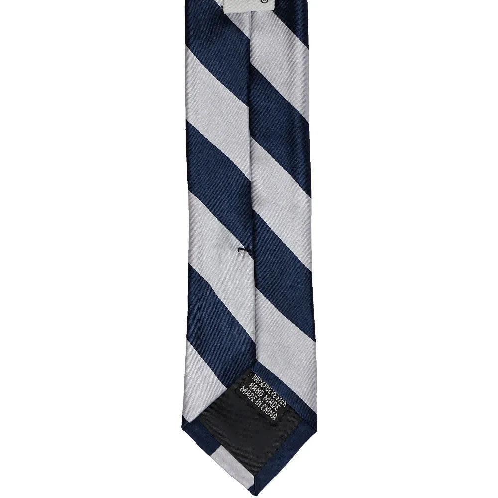 Navy Blue and Silver Striped Skinny Tie, 2" Width sold by TieMart product image thumbnail 4