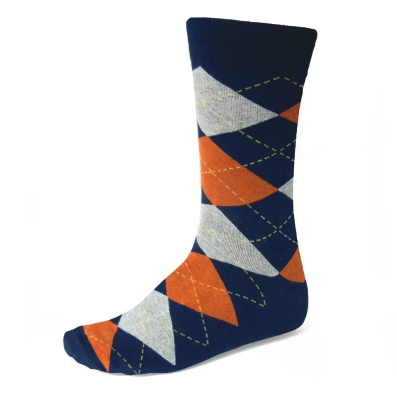 Men's Navy Blue and Orange Argyle Socks sold by TieMart