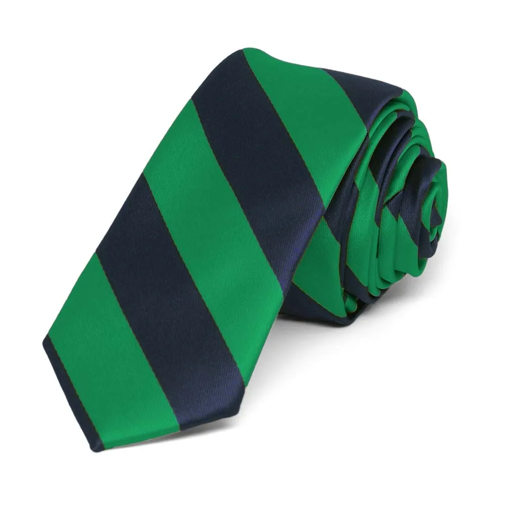 Kelly Green and Navy Blue Striped Skinny Tie, 2" Width sold by TieMart