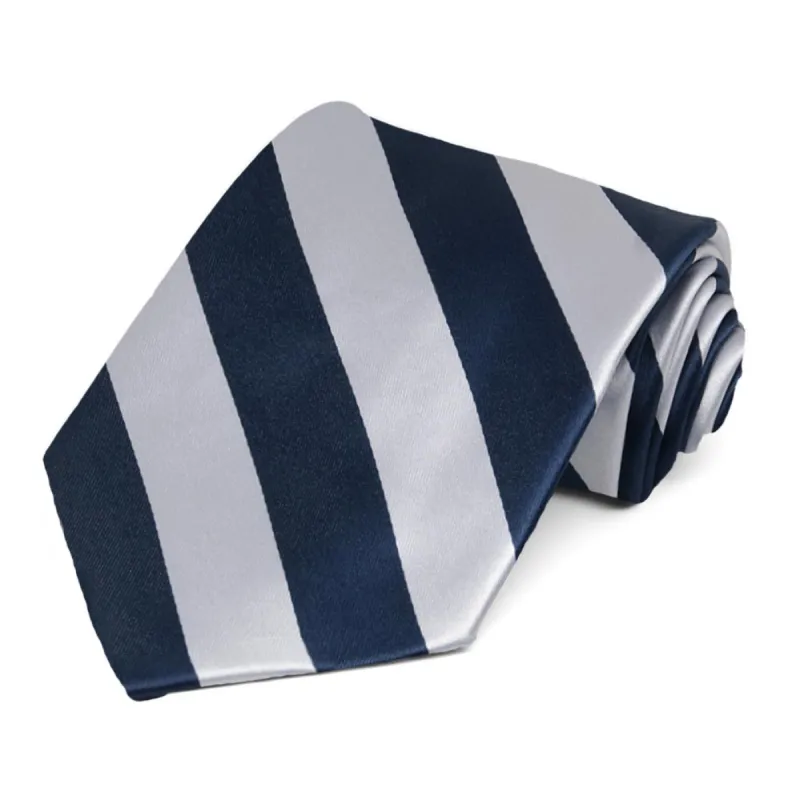 Navy Blue and Silver Extra Long Striped Tie sold by TieMart