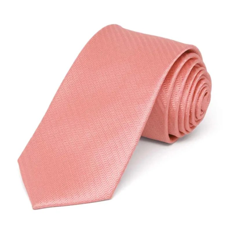 Light Coral Herringbone Silk Slim Necktie, 2.5" Width sold by TieMart