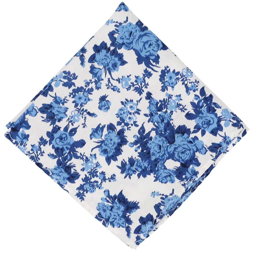 Blue and White Pasadena Floral Pocket Square sold by TieMart