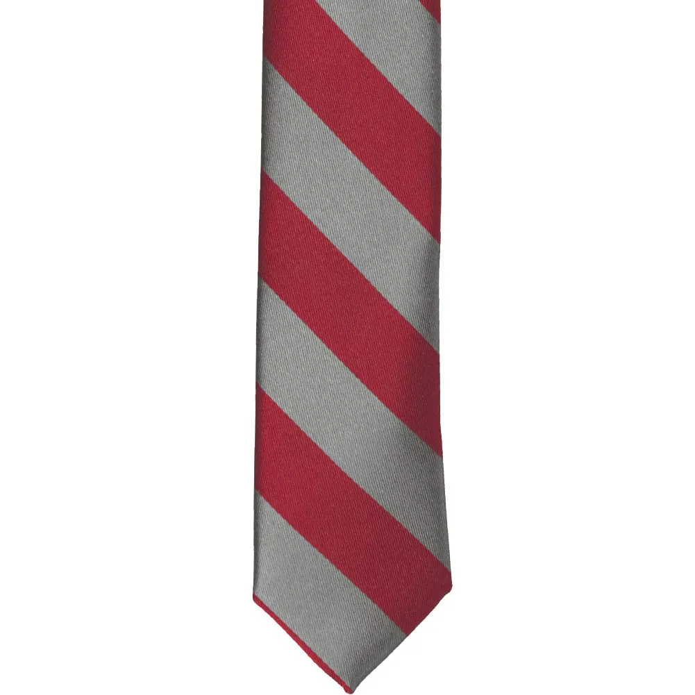 Crimson Red and Medium Gray Striped Skinny Tie, 2" Width sold by TieMart product image thumbnail 2