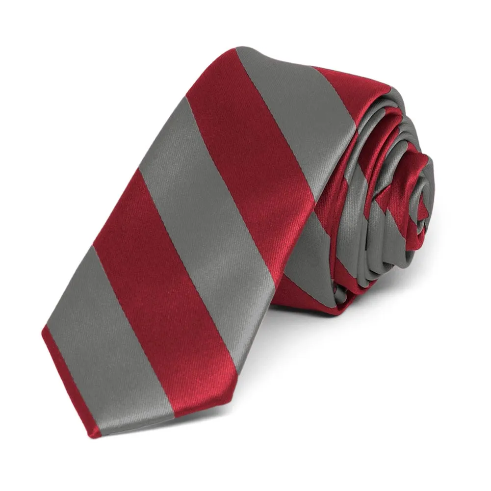 Crimson Red and Medium Gray Striped Skinny Tie, 2" Width sold by TieMart