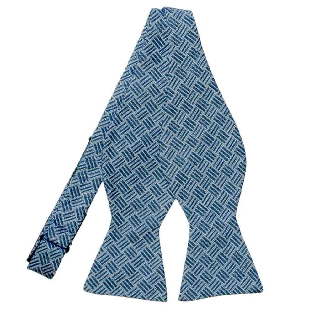 Denim Blue Salesman Check Linen/Silk Self-Tie Bow Tie sold by TieMart