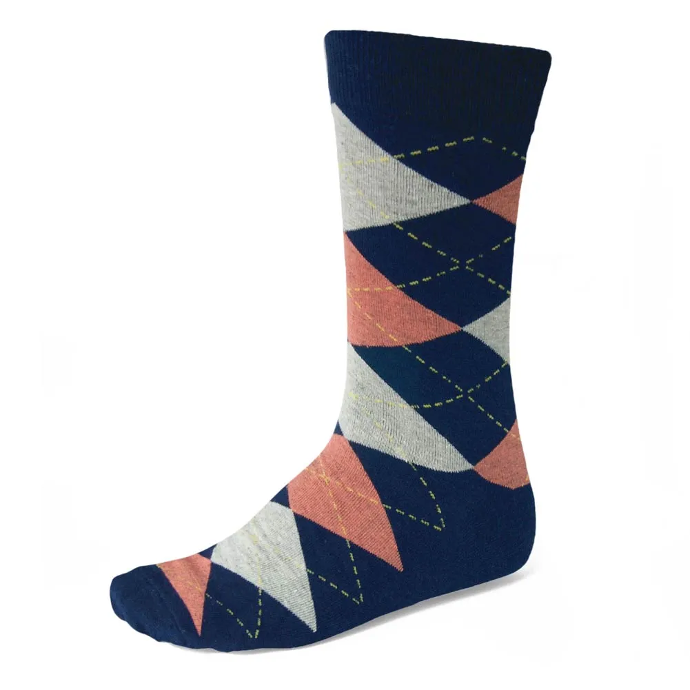 Men's Navy Blue and Coral Argyle Socks sold by TieMart
