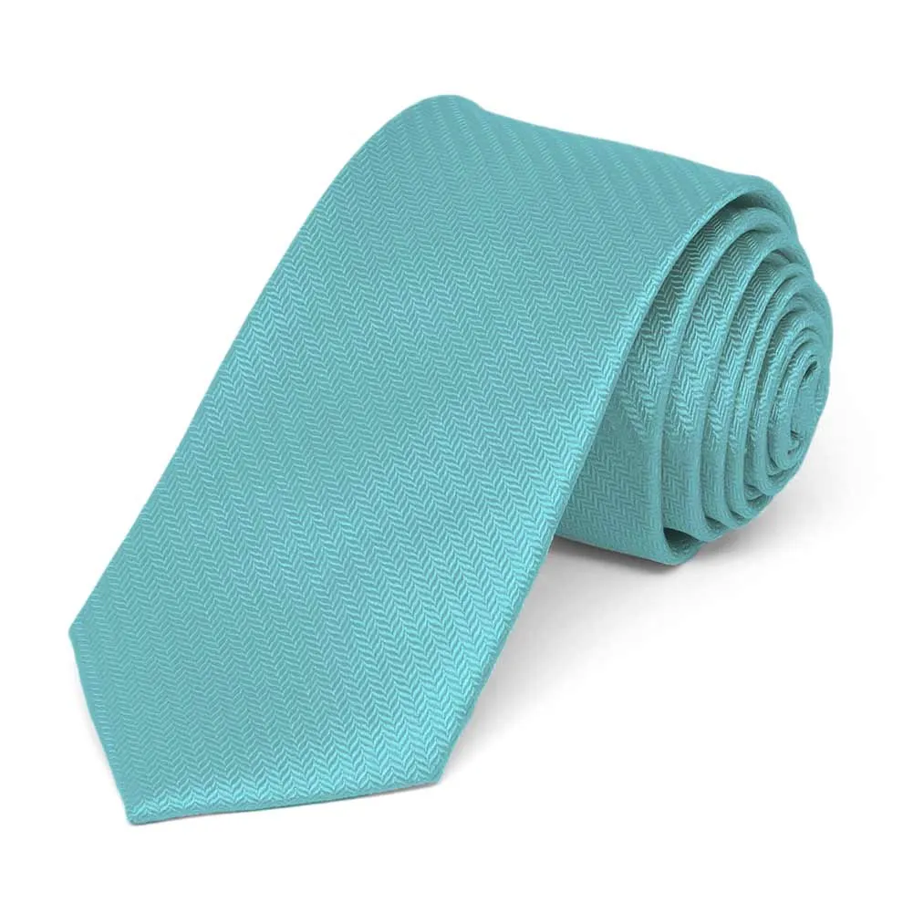 Turquoise Herringbone Silk Slim Necktie, 2.5" Width sold by TieMart