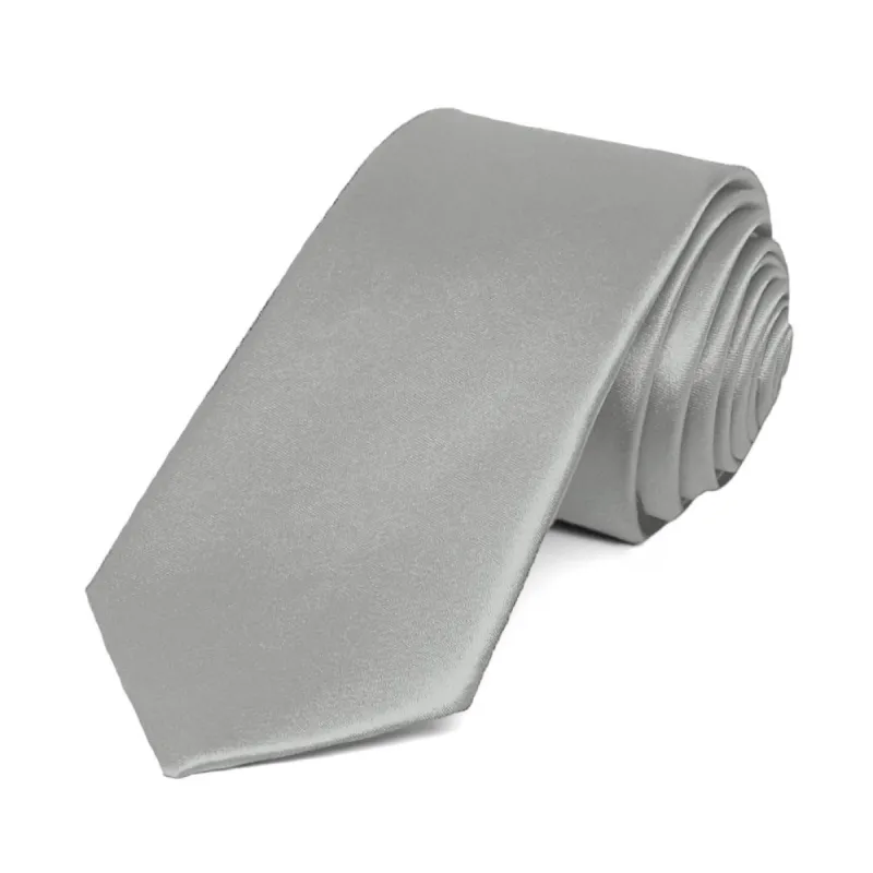 Mercury Silver Slim Solid Color Necktie, 2.5" Width sold by TieMart