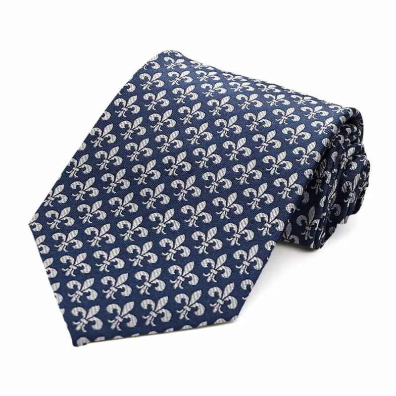 Navy Blue Fleur-De-Lis Silk Necktie sold by TieMart