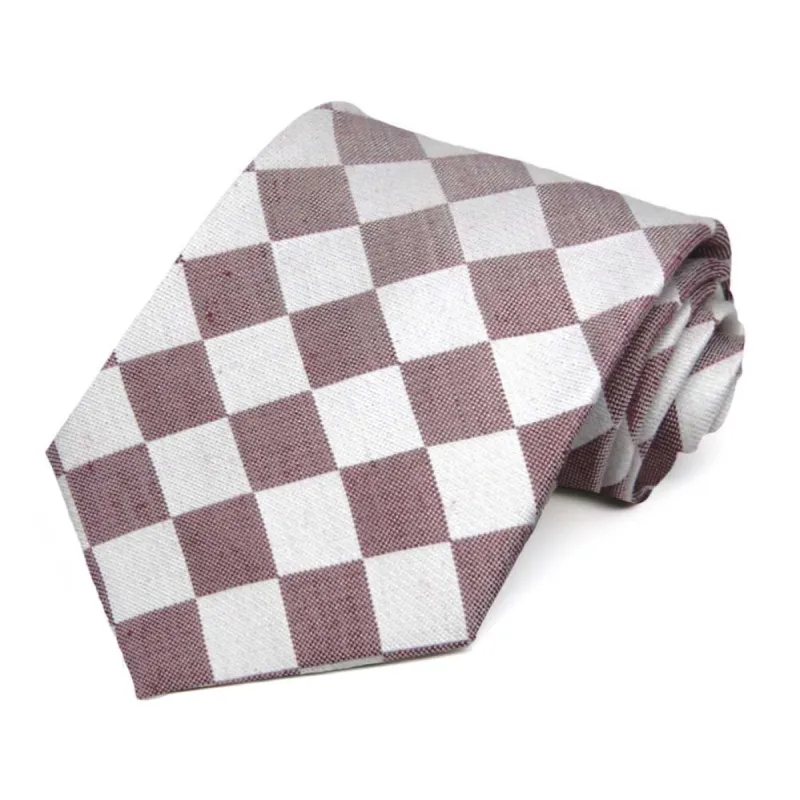 Merlot and White Trooper Check Linen/Silk Necktie sold by TieMart