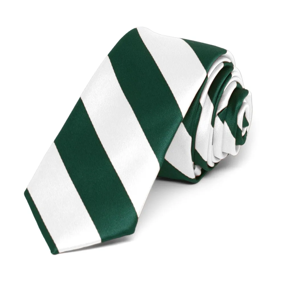 Hunter Green and White Striped Skinny Tie, 2" Width sold by TieMart