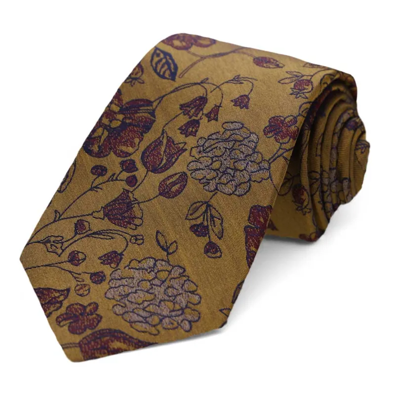 Old Gold Barista Floral Silk Narrow Necktie, 3" Width made by TieMart