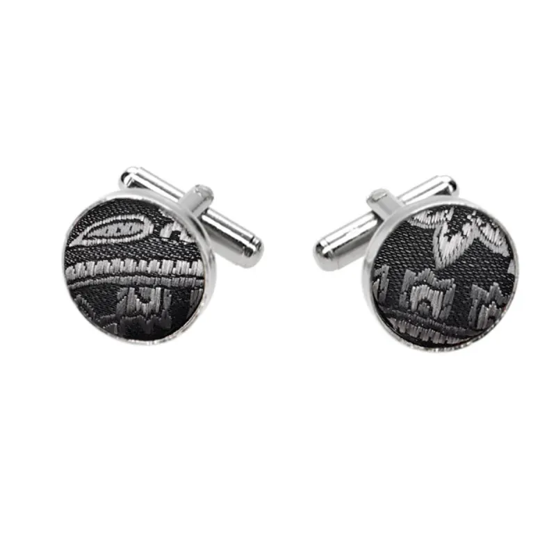 Silver and Black Pattern Fabric Cufflinks sold by TieMart