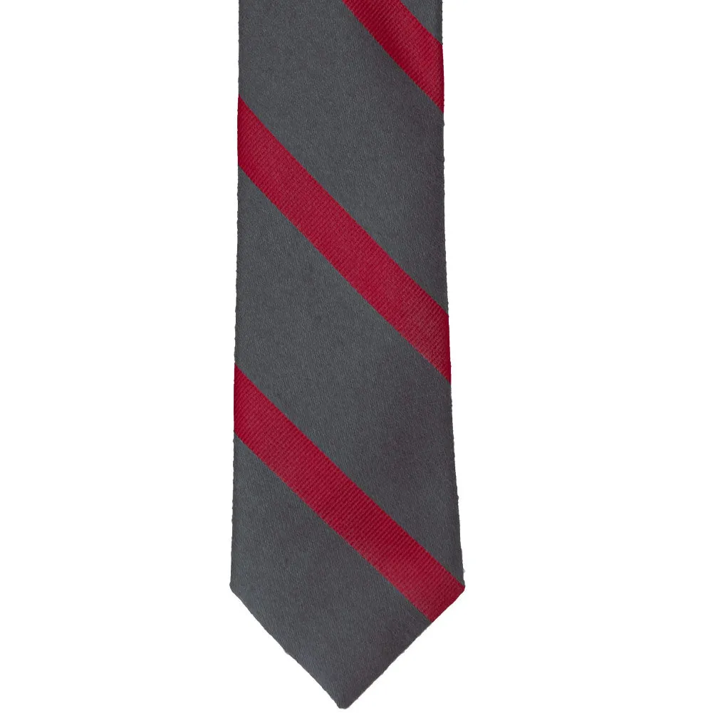 Dark Gray and Red Striped Cotton/Silk Slim Necktie, 2.5" Width sold by TieMart product image thumbnail 2