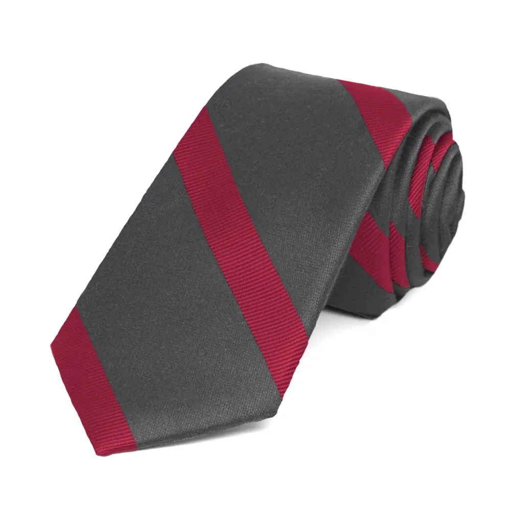 Dark Gray and Red Striped Cotton/Silk Slim Necktie, 2.5" Width sold by TieMart