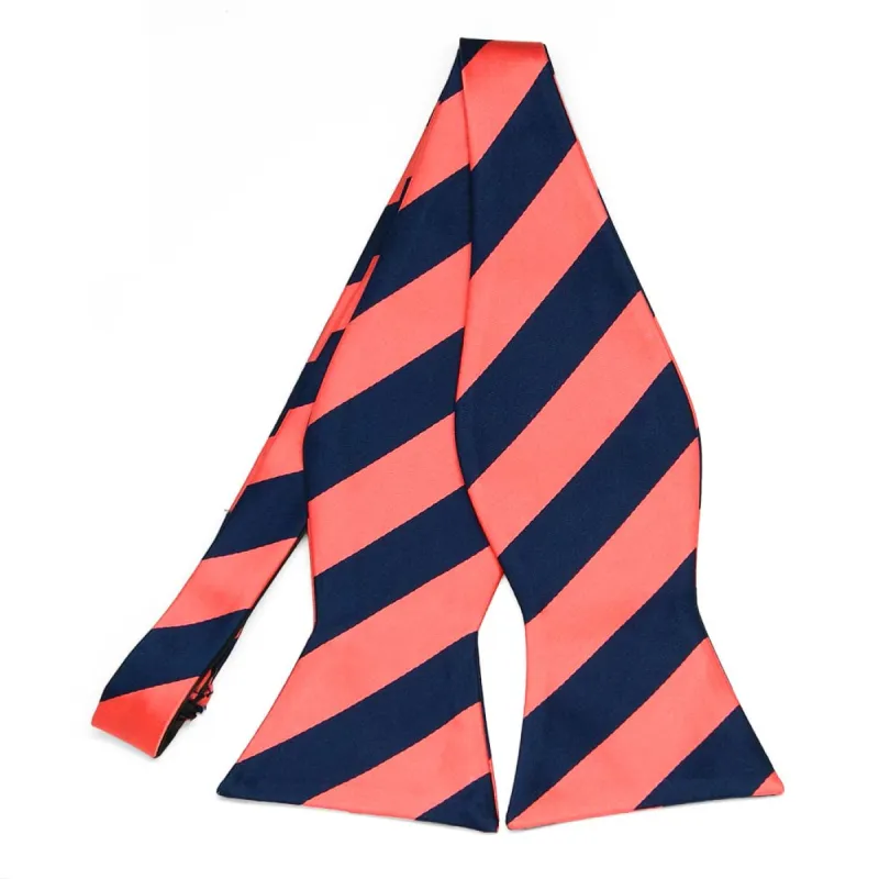 Bright Coral and Navy Blue Striped Self-Tie Bow Tie sold by TieMart