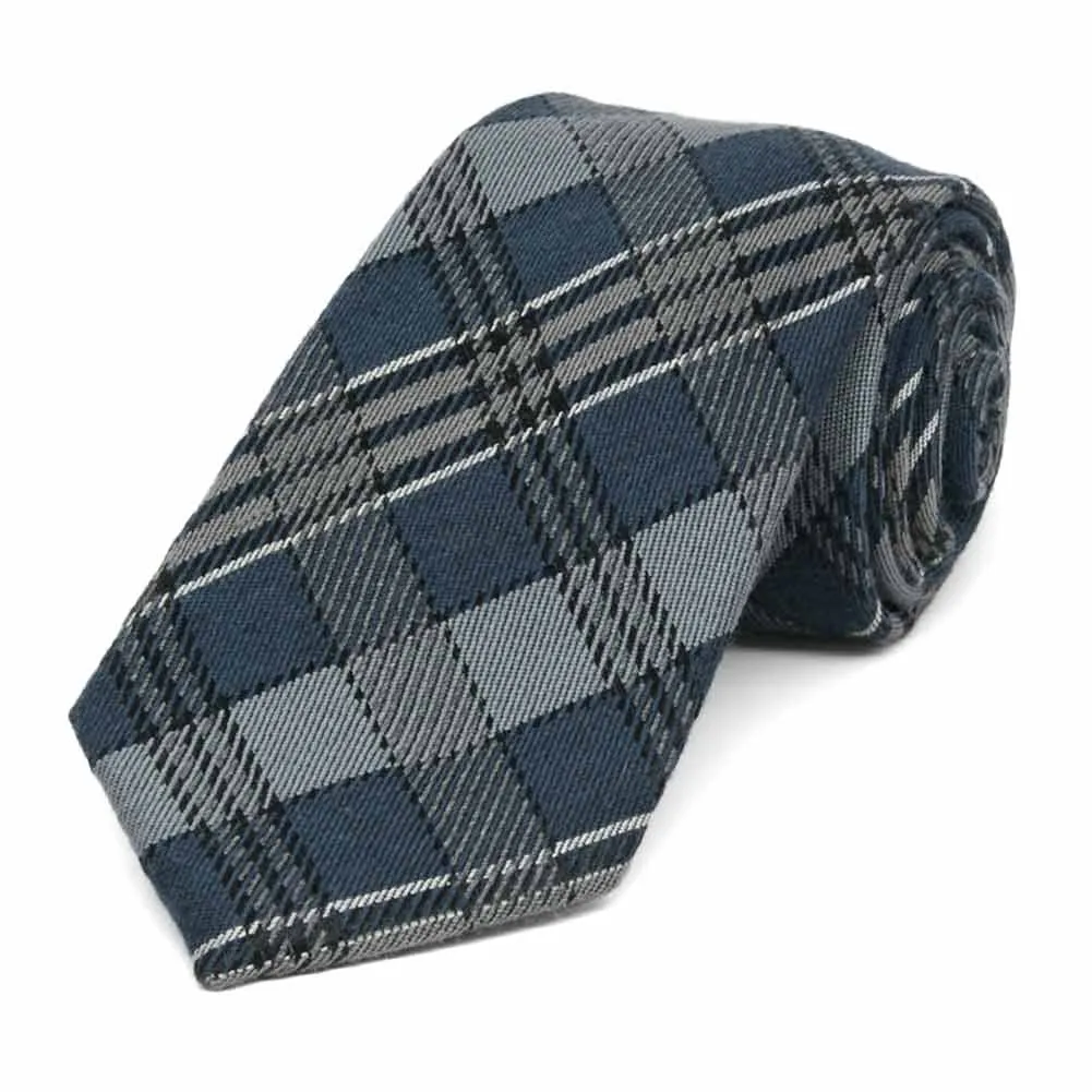 Muted Blue and Gray Principal Plaid Wool/Silk Narrow Necktie, 3" Width sold by TieMart