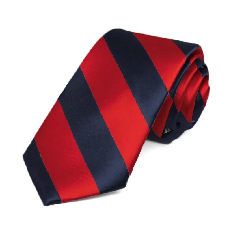 Red and Navy Blue Striped Slim Tie, 2.5" Width sold by TieMart