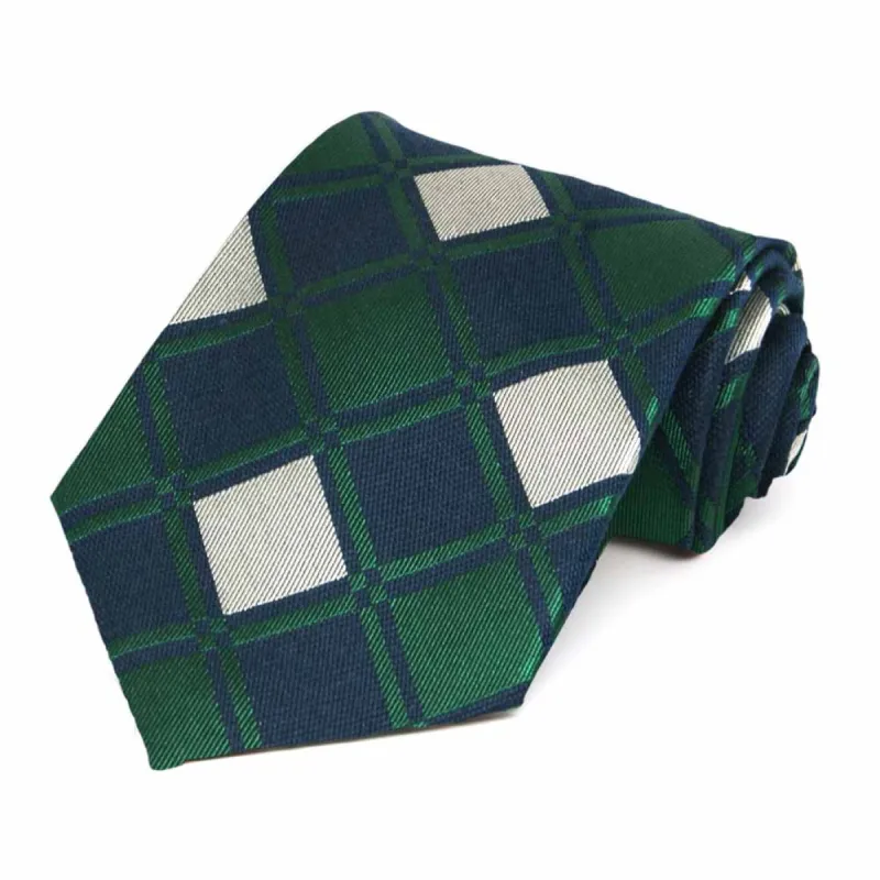 Green and Navy Blue Regional Check Cotton/Silk Necktie sold by TieMart