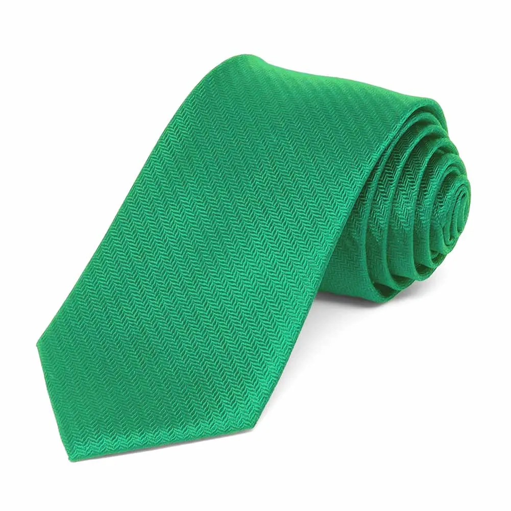 Green Herringbone Silk Slim Necktie, 2.5" Width sold by TieMart