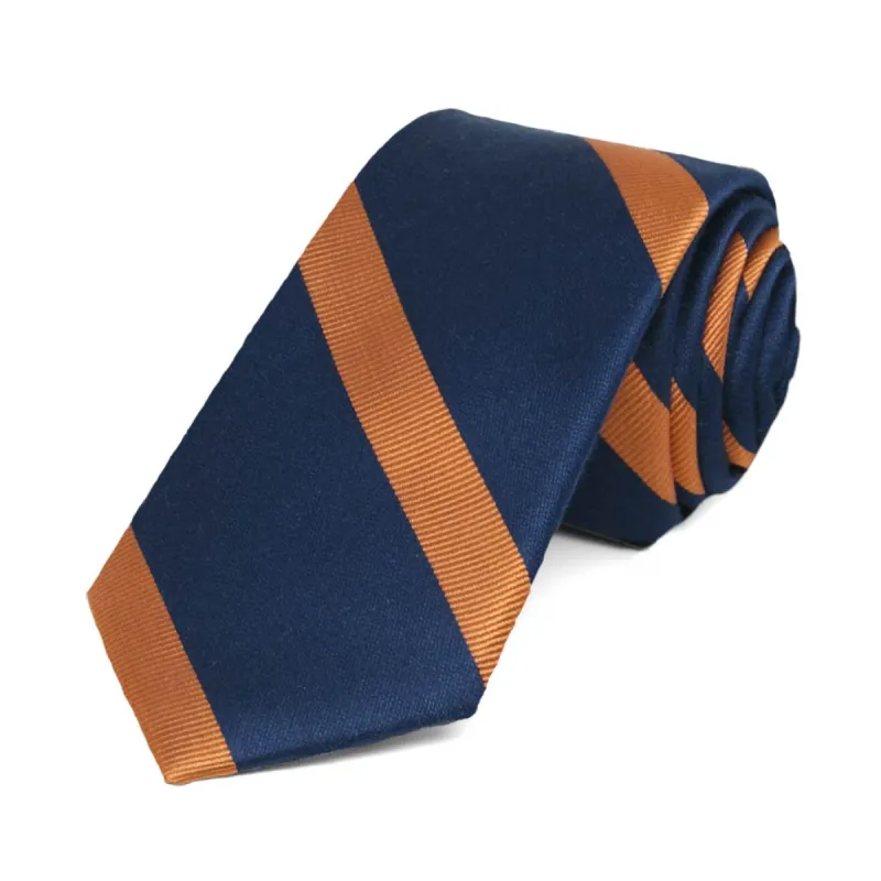 Navy Blue and Orange Striped Cotton/Silk Slim Necktie, 2.5" Width sold by TieMart