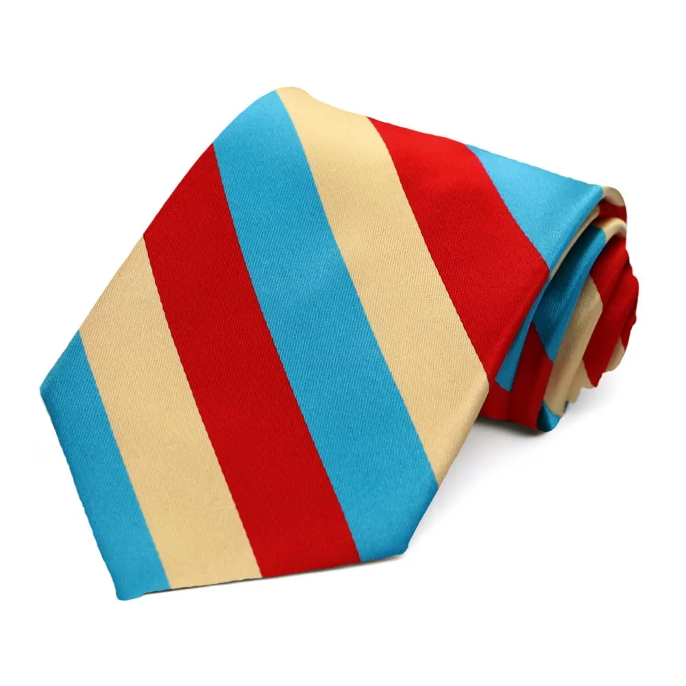 Red, Pale Gold and Turquoise Striped Tie sold by TieMart