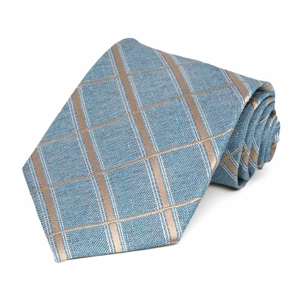 Light Denim Blue Deputy Plaid Linen/Silk Necktie sold by TieMart