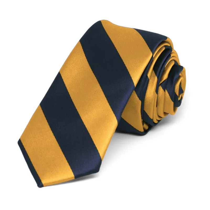Navy Blue and Gold Bar Striped Skinny Tie, 2" Width sold by TieMart