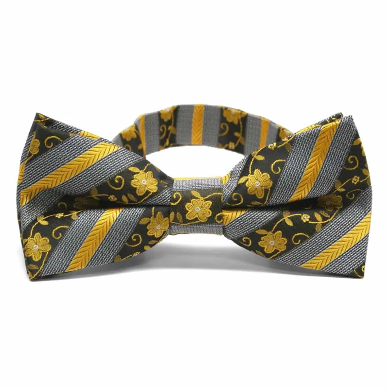 Marigold Yellow Anna Floral Striped Band Collar Bow Tie sold by TieMart