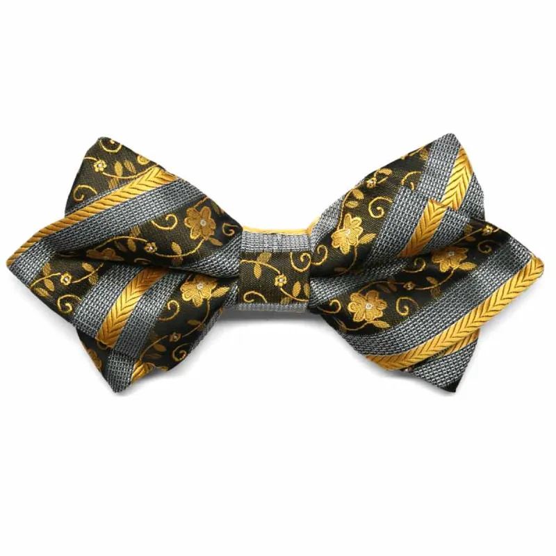 Marigold Yellow Anna Floral Striped Diamond Tip Bow Tie sold by TieMart