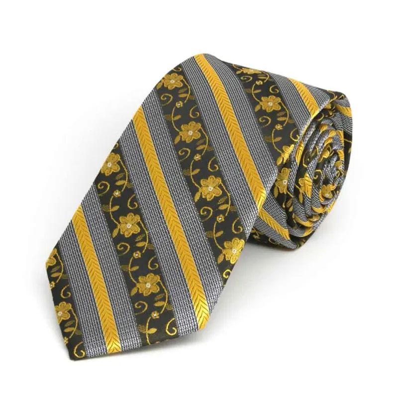 Marigold Yellow Anna Floral Striped Slim Necktie, 2.5" Width sold by TieMart
