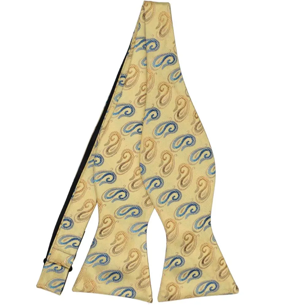 Light Gold and Blue Etna Paisley Self-Tie Bow Tie sold by TieMart