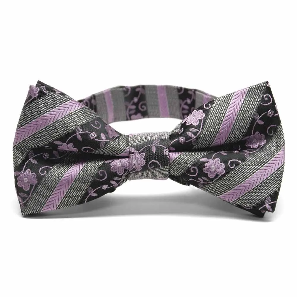 English Lavender Anna Floral Striped Band Collar Bow Tie sold by TieMart