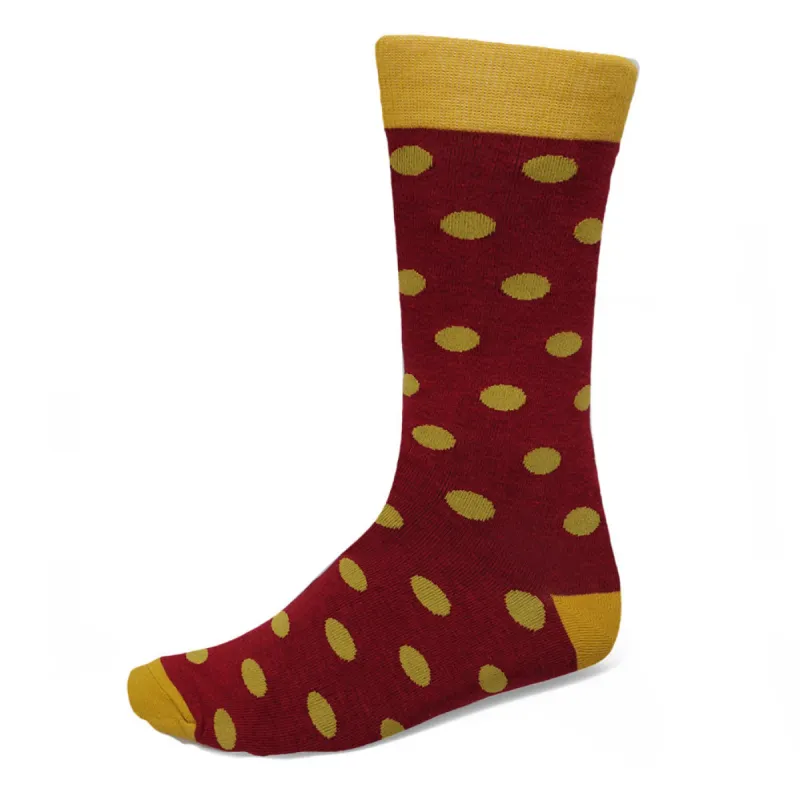 Men's Maroon and Gold Polka Dot Socks sold by TieMart