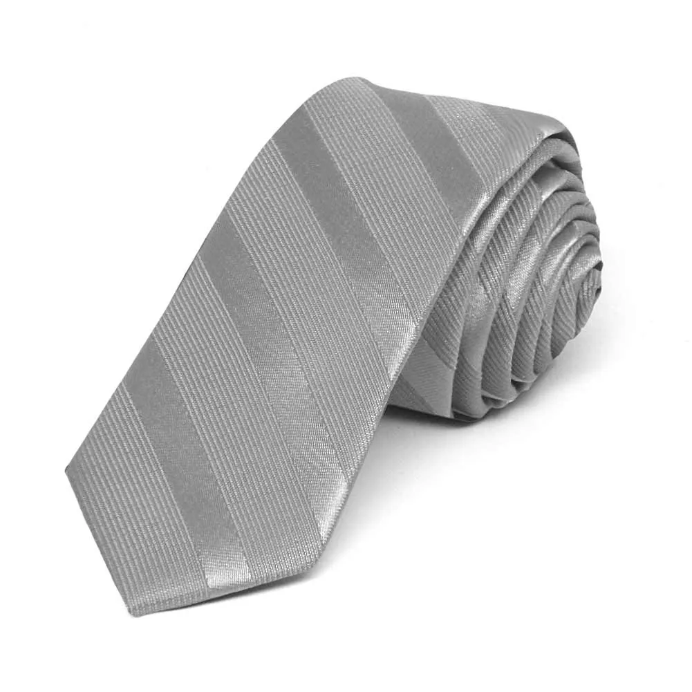 Silver Elite Striped Skinny Necktie, 2" Width sold by TieMart