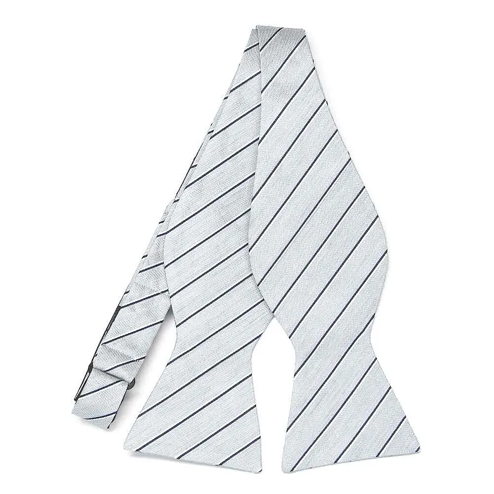 Light Silver Commander Stripe Linen/Silk Self-Tie Bow Tie sold by TieMart